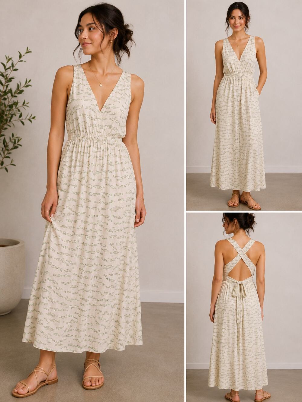A New Day Cream Fish Print Sleeveless Maxi Dress Women's XS NWT Open Back